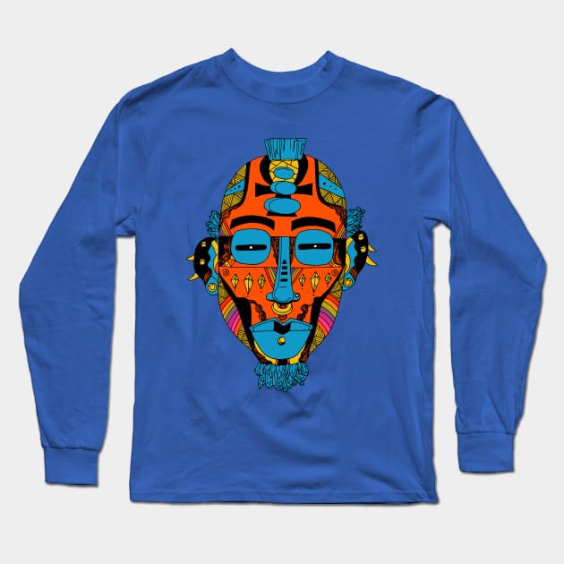 Orange Blue African Mask 5 Long Sleeve T-Shirt by kenallouis